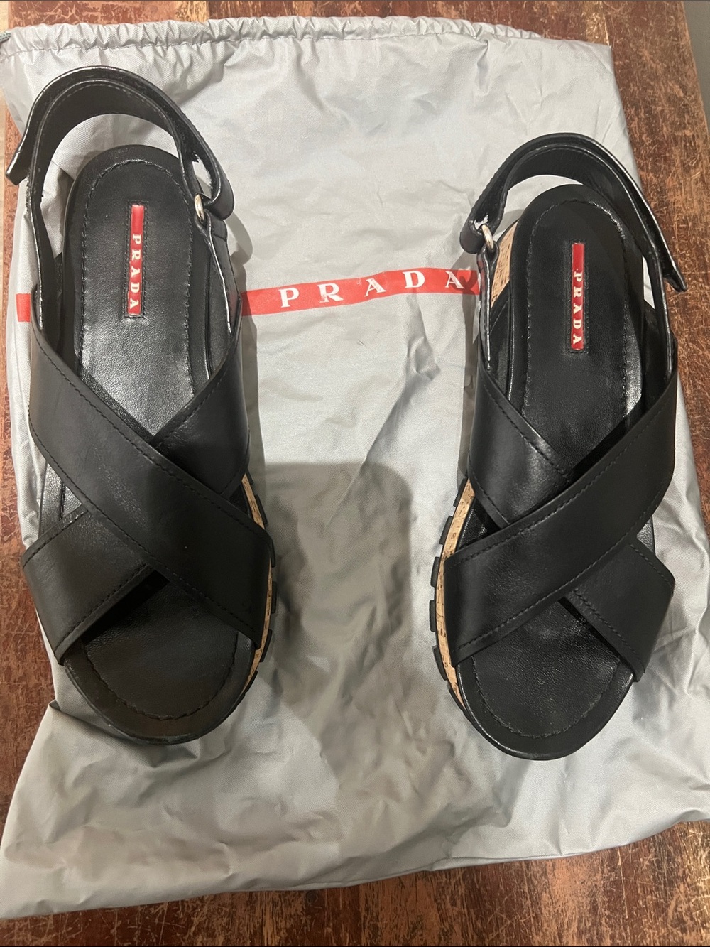 Prada Black Leather Cross-Strap Slingback Sandals